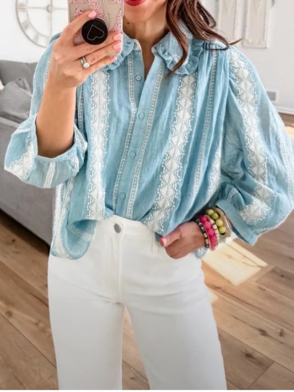 Light Blue Embroidered Boho Button-Up Blouse🎆